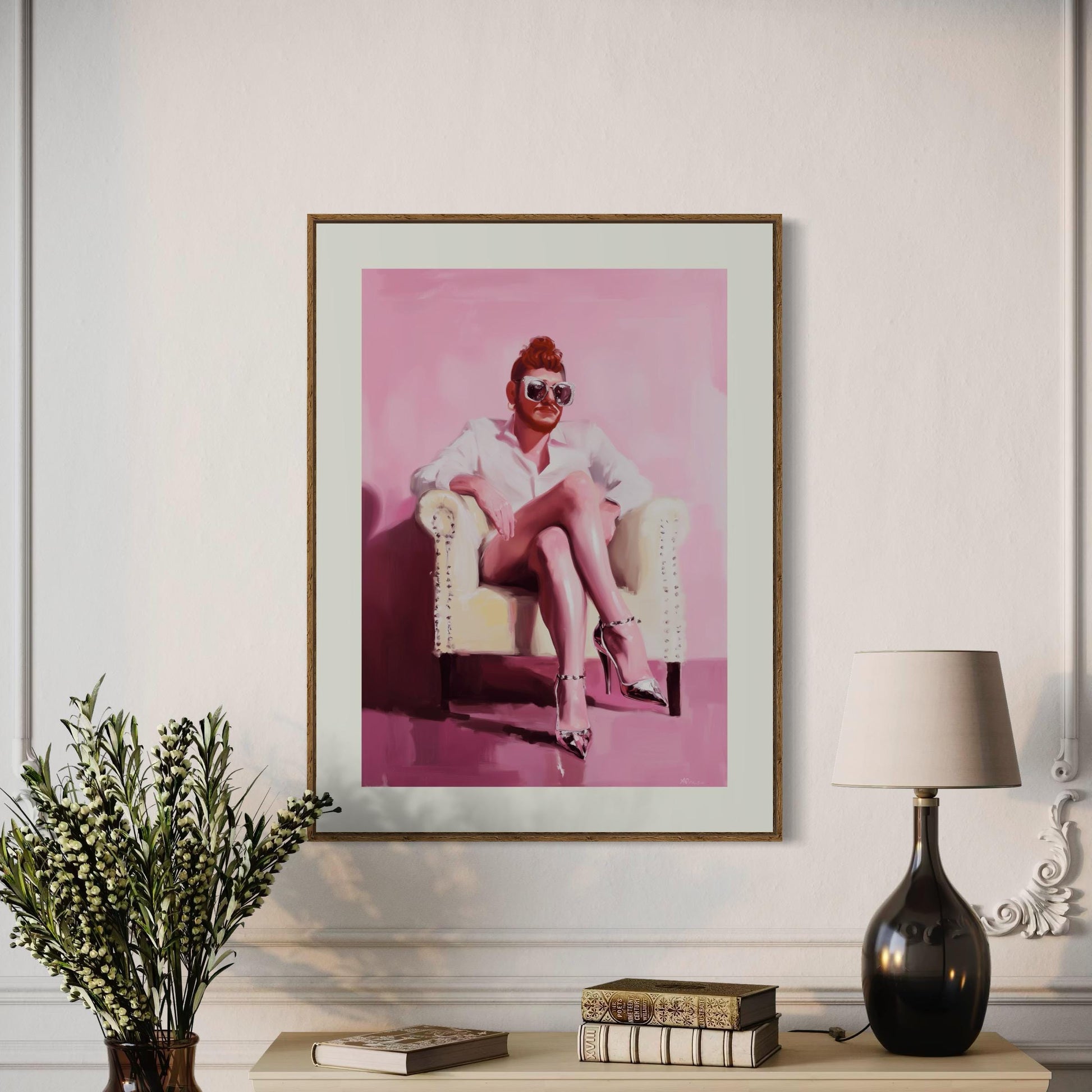 The Power Seat – Queer Oil Painting Print | Bold LGBTQ+ Art | Drag Glam Wall Decor | Androgynous Aesthetic | High Fashion Unframed Print