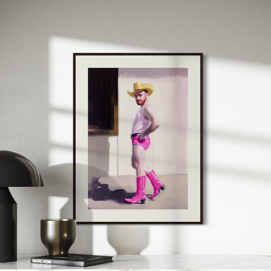 Cowboy Strut – Gay Art Print, Camp Western Decor, Pink Boots, LGBTQ+ Wall Art, Queer Aesthetic, Pride Art, Country Chic Poster