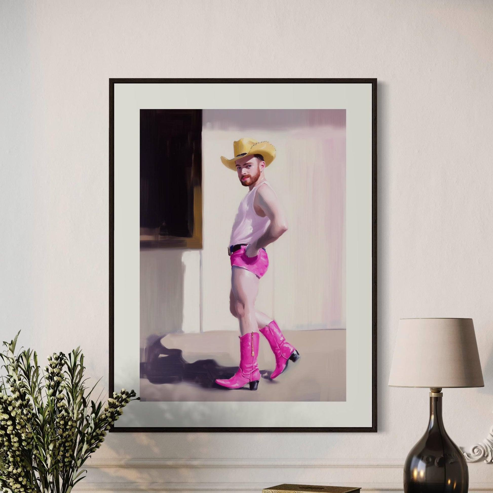 Cowboy Strut – Gay Art Print, Camp Western Decor, Pink Boots, LGBTQ+ Wall Art, Queer Aesthetic, Pride Art, Country Chic Poster