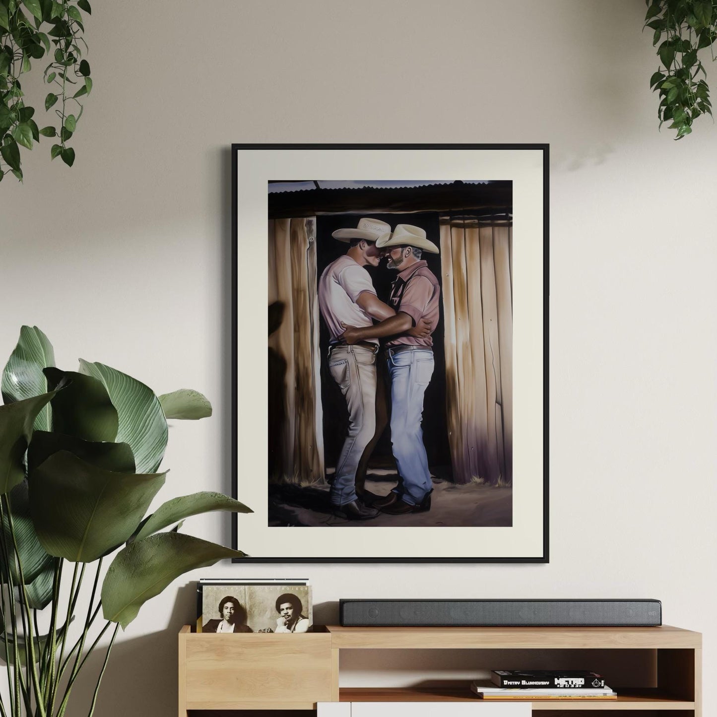 Cowboy Romance Art Print – Gay Western Wall Art, Queer Love, Rustic Barn Kiss, LGBTQ+ Home Decor, Gay Country Aesthetic