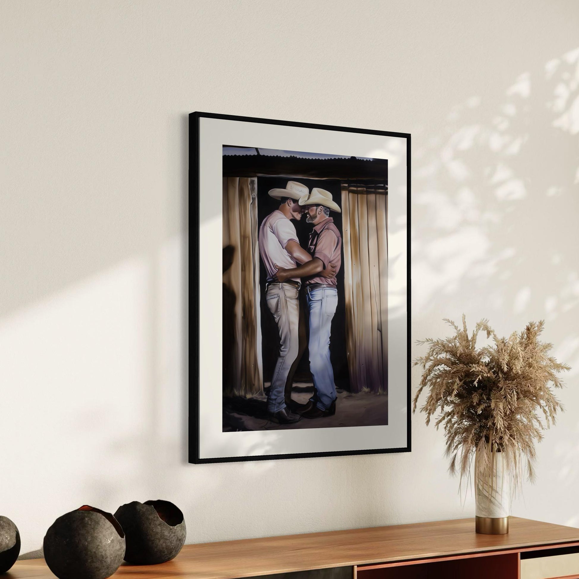 Cowboy Romance Art Print – Gay Western Wall Art, Queer Love, Rustic Barn Kiss, LGBTQ+ Home Decor, Gay Country Aesthetic