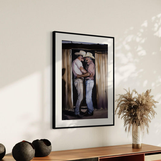 Cowboy Romance Art Print – Gay Western Wall Art, Queer Love, Rustic Barn Kiss, LGBTQ+ Home Decor, Gay Country Aesthetic