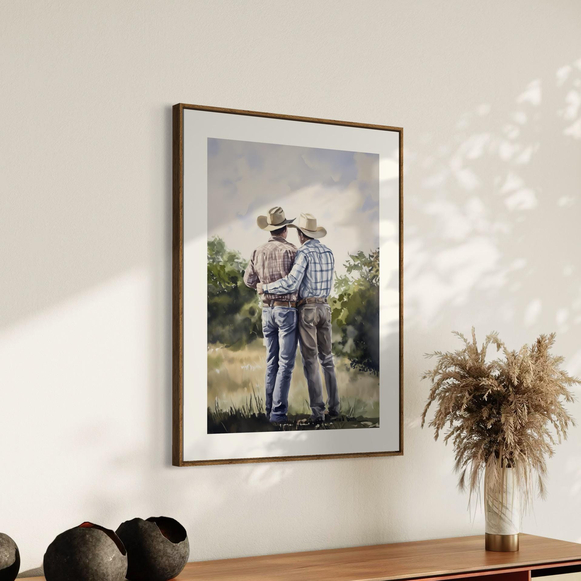 Side by Side Cowboy Gay Art Print – Romantic Western LGBTQ Wall Art, Rustic Country Decor, Gay Couple Love Painting, Queer Lovers Print