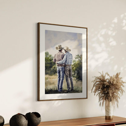 Side by Side Cowboy Gay Art Print – Romantic Western LGBTQ Wall Art, Rustic Country Decor, Gay Couple Love Painting, Queer Lovers Print