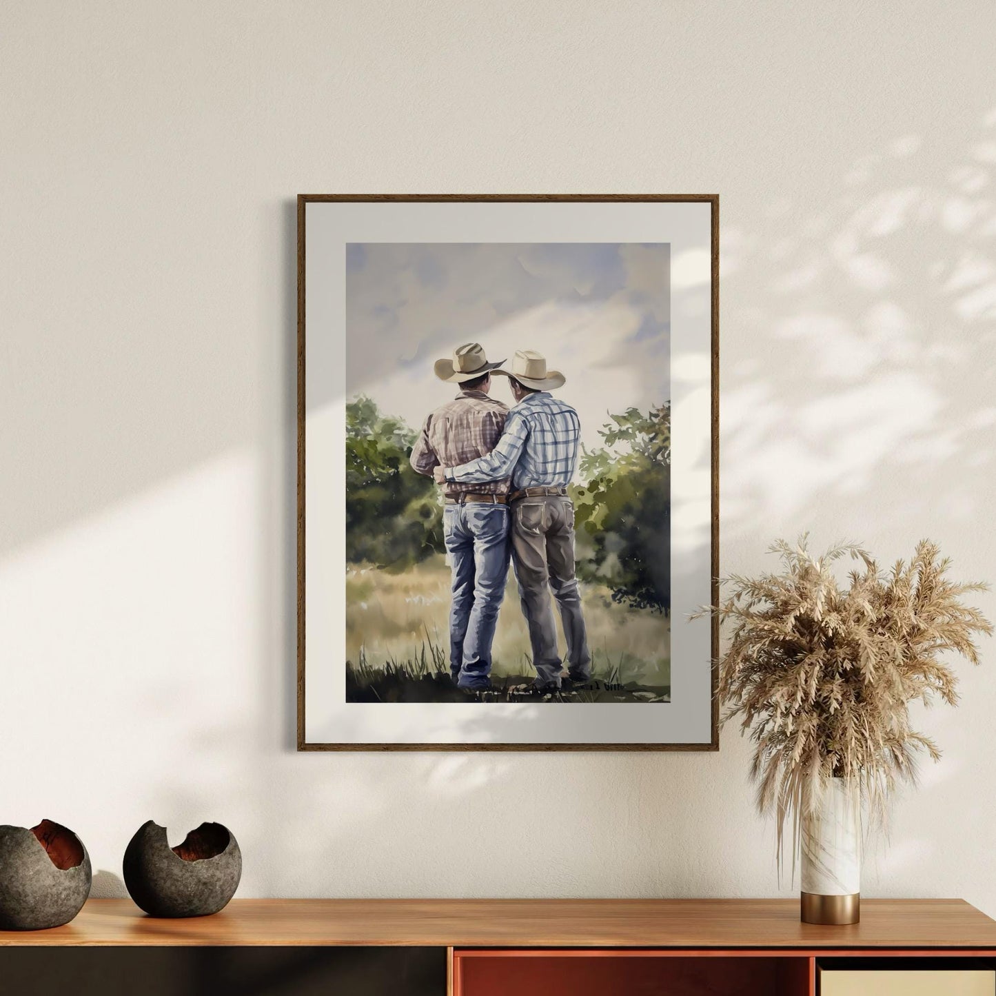 Side by Side Cowboy Gay Art Print – Romantic Western LGBTQ Wall Art, Rustic Country Decor, Gay Couple Love Painting, Queer Lovers Print