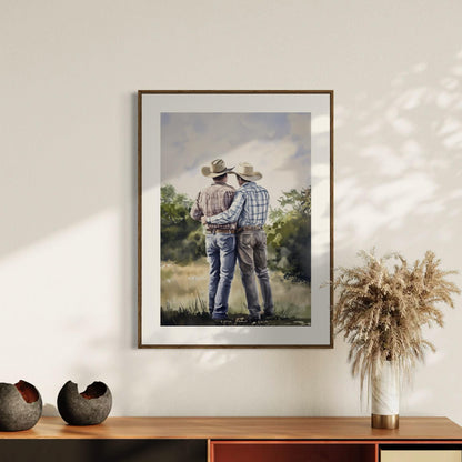 Side by Side Cowboy Gay Art Print – Romantic Western LGBTQ Wall Art, Rustic Country Decor, Gay Couple Love Painting, Queer Lovers Print