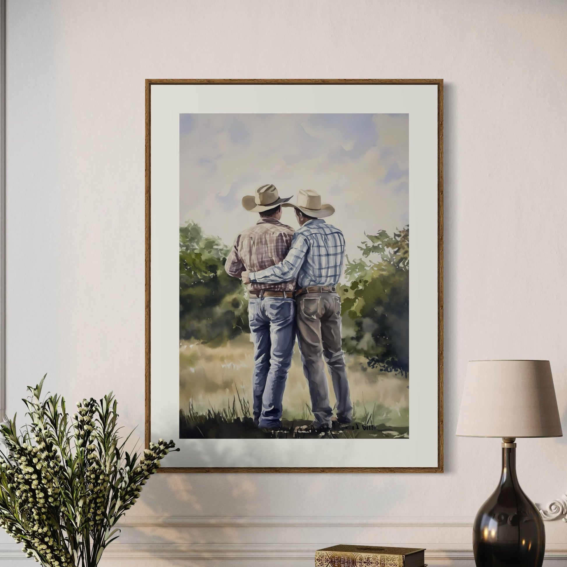 Side by Side Cowboy Gay Art Print – Romantic Western LGBTQ Wall Art, Rustic Country Decor, Gay Couple Love Painting, Queer Lovers Print