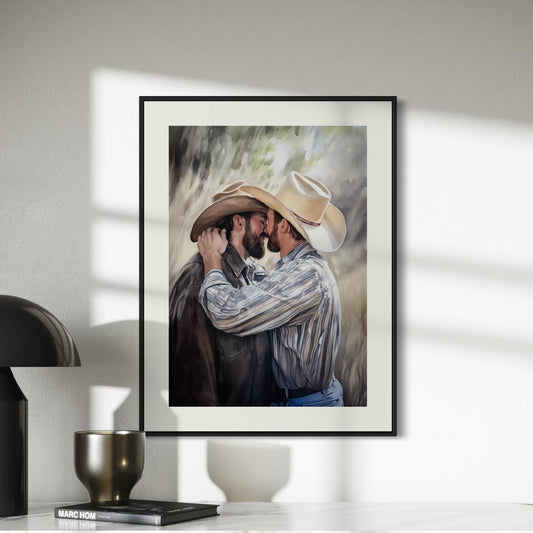 Cowboys Who Kiss – Queer Watercolour Print of Two Men in Love | Gay Cowboy Art | LGBTQ+ Wall Art | Romantic Pride Decor