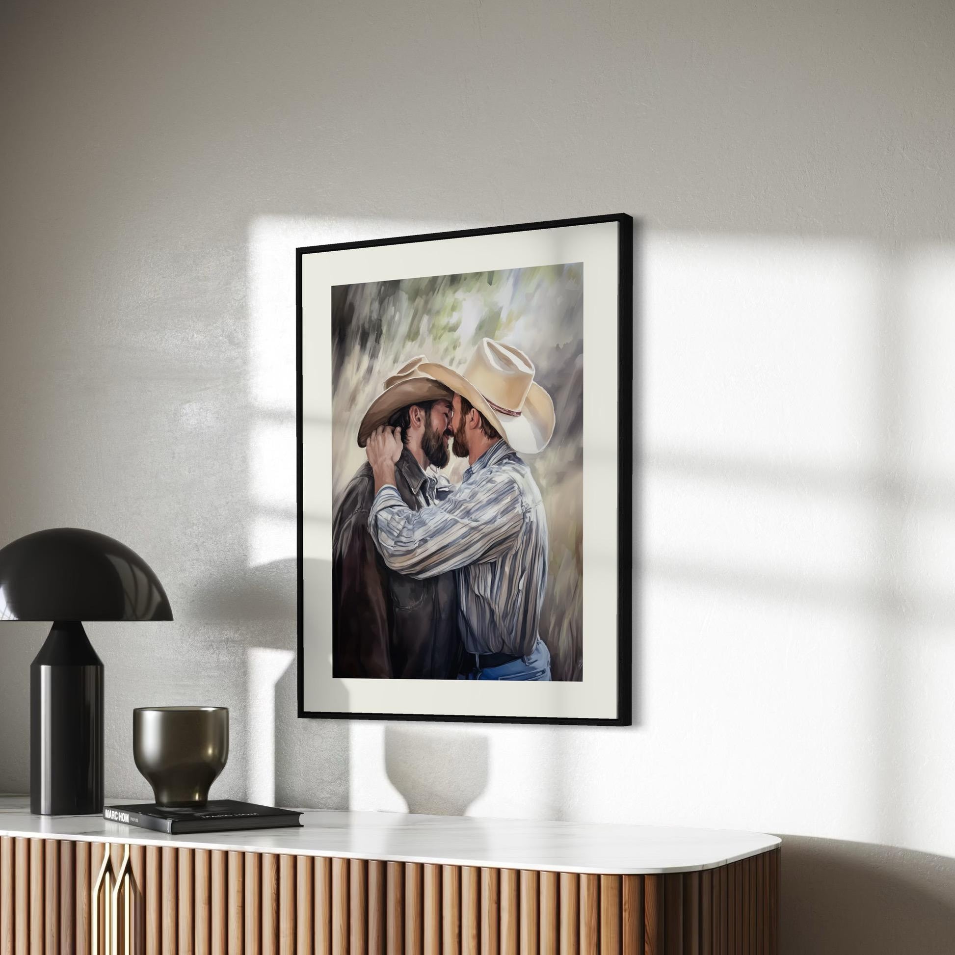 Cowboys Who Kiss – Queer Watercolour Print of Two Men in Love | Gay Cowboy Art | LGBTQ+ Wall Art | Romantic Pride Decor