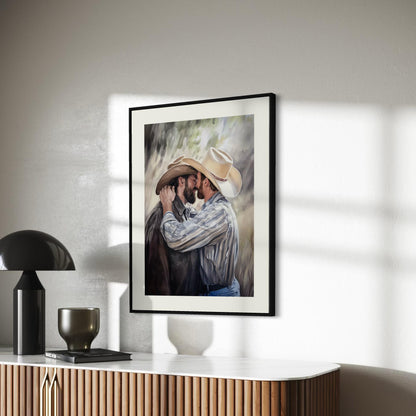 Cowboys Who Kiss – Queer Watercolour Print of Two Men in Love | Gay Cowboy Art | LGBTQ+ Wall Art | Romantic Pride Decor