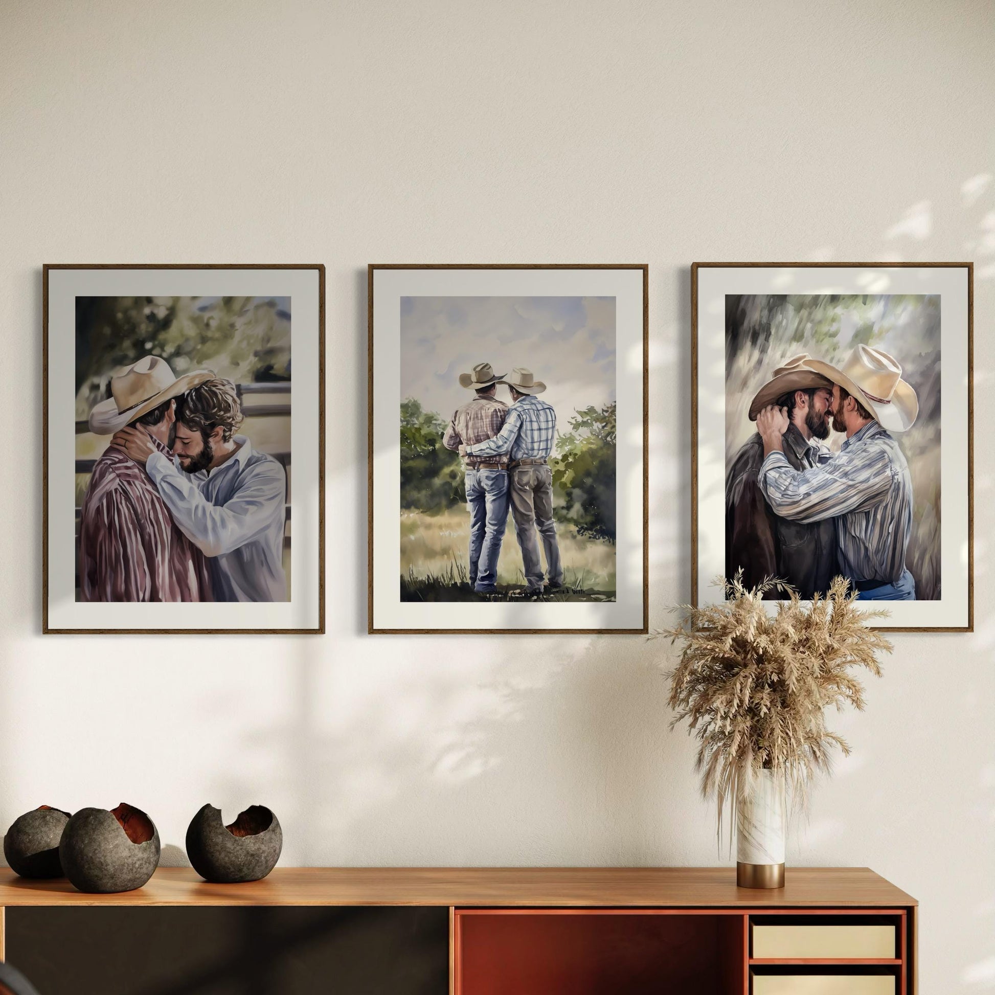 Cowboys Who Kiss – Queer Watercolour Print of Two Men in Love | Gay Cowboy Art | LGBTQ+ Wall Art | Romantic Pride Decor