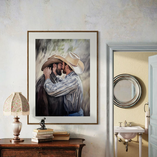 Cowboys Who Kiss – Queer Watercolour Print of Two Men in Love | Gay Cowboy Art | LGBTQ+ Wall Art | Romantic Pride Decor