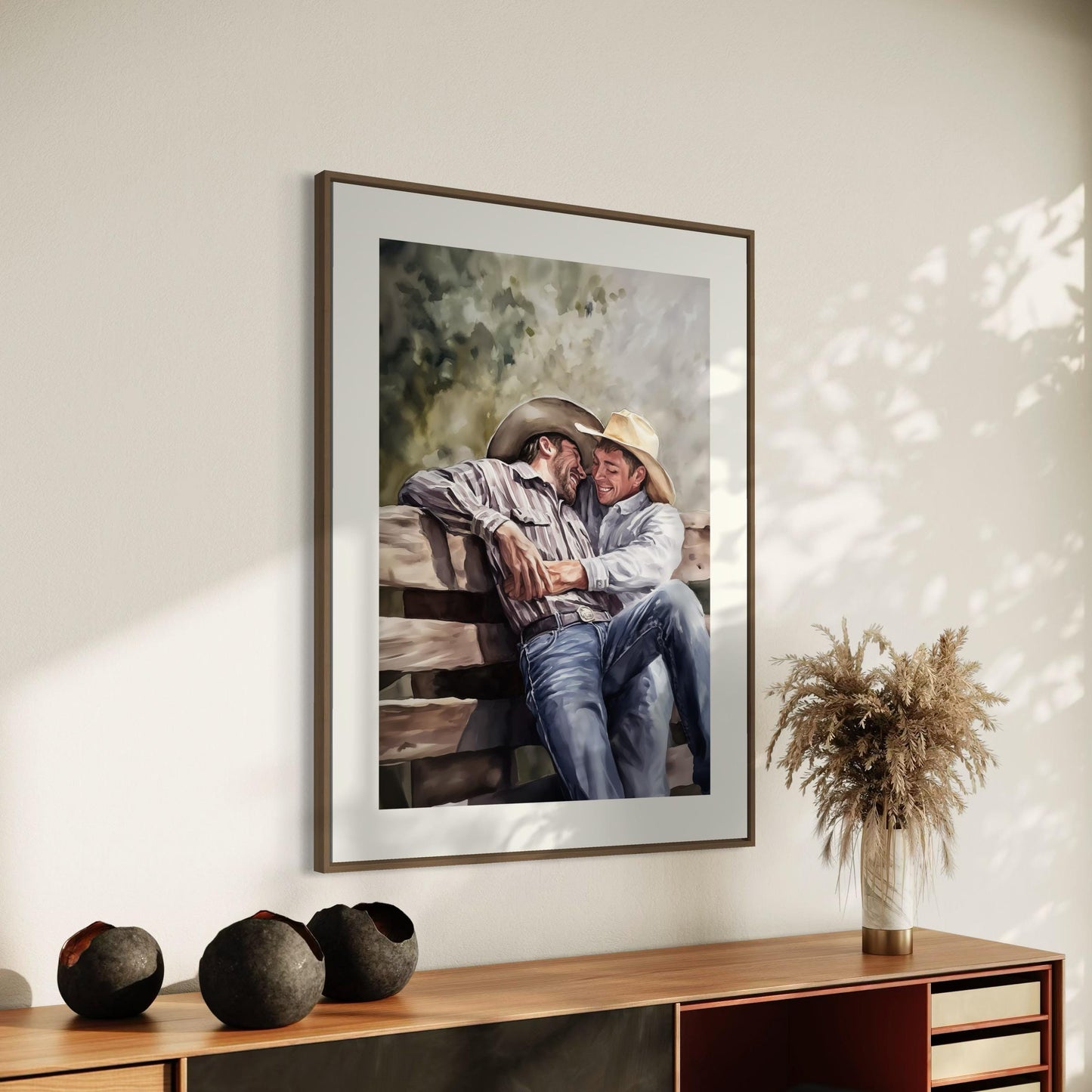 Gay Cowboy Watercolour Print – Romantic Western Wall Art for Queer Homes | Fence Line Flirtation – Unframed Matte Art Print