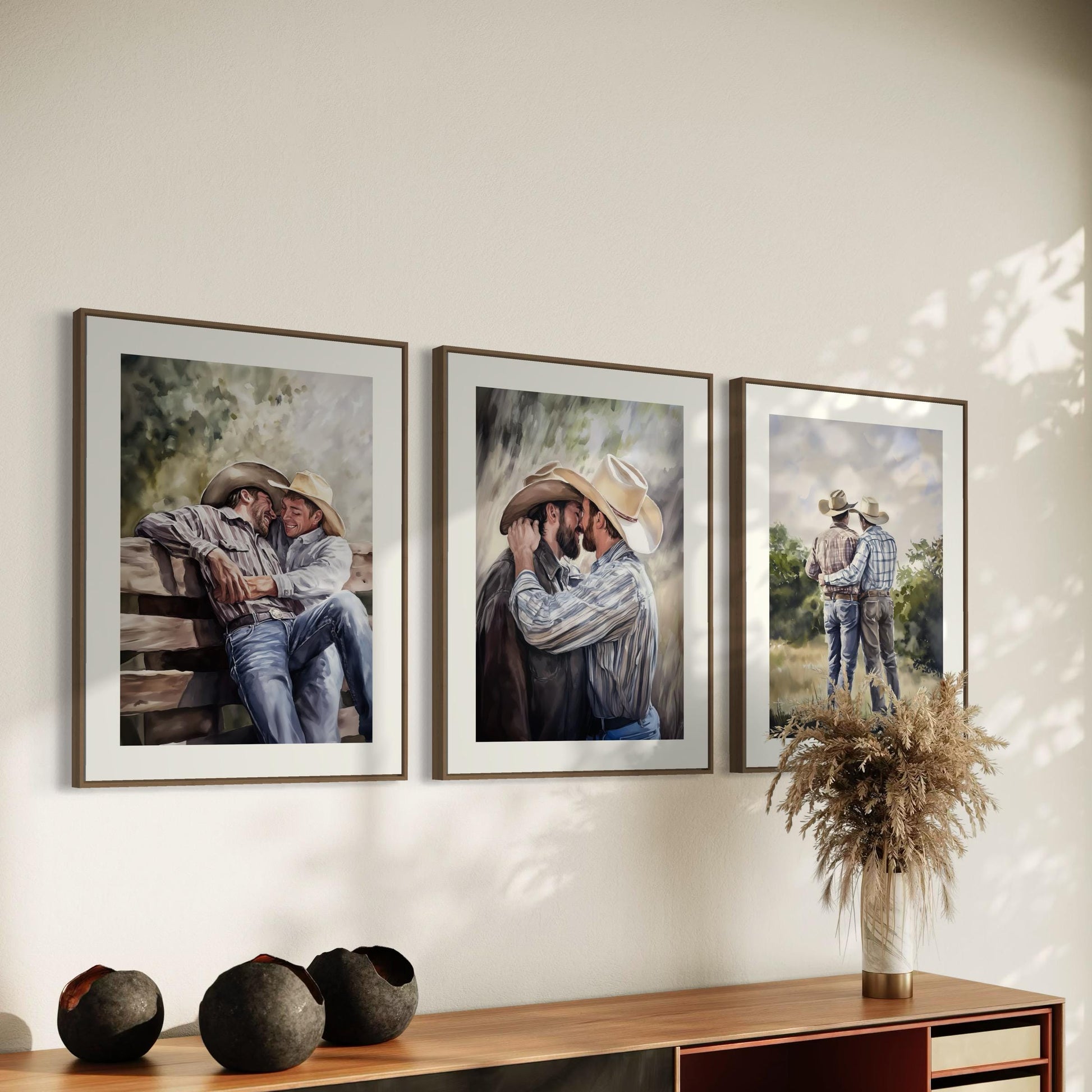 Gay Cowboy Watercolour Print – Romantic Western Wall Art for Queer Homes | Fence Line Flirtation – Unframed Matte Art Print