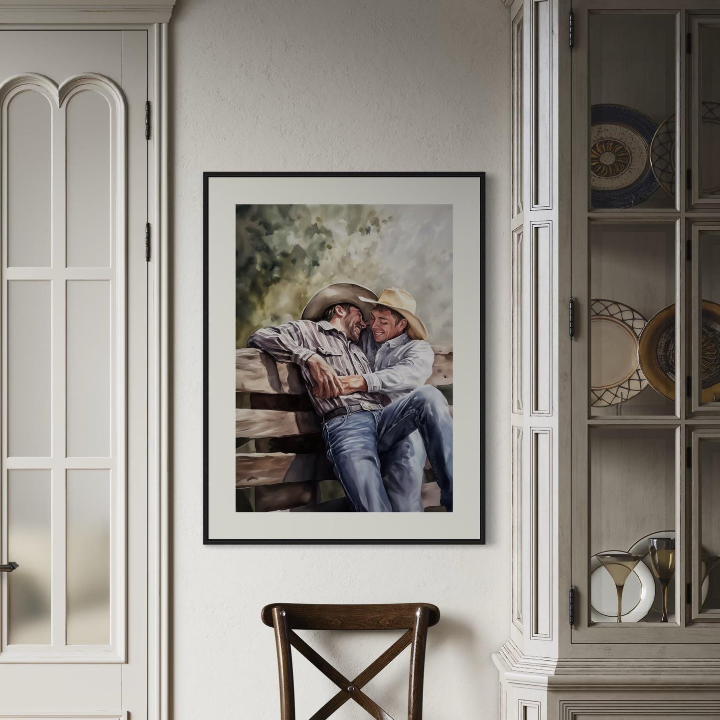 Gay Cowboy Watercolour Print – Romantic Western Wall Art for Queer Homes | Fence Line Flirtation – Unframed Matte Art Print
