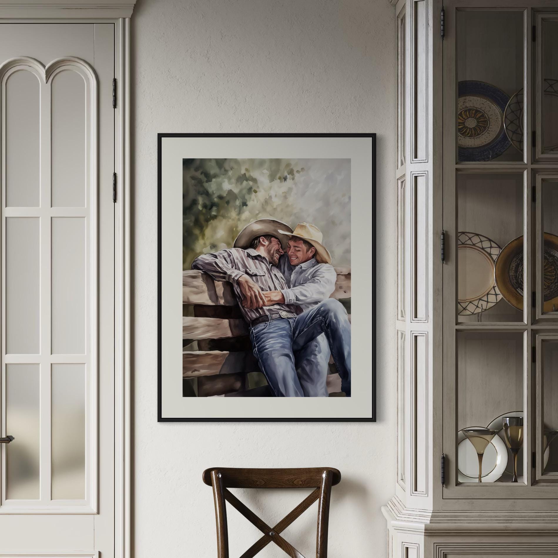 Gay Cowboy Watercolour Print – Romantic Western Wall Art for Queer Homes | Fence Line Flirtation – Unframed Matte Art Print