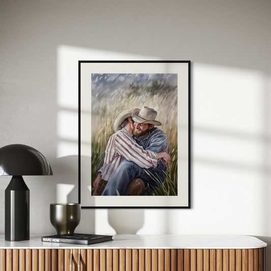 Gay Cowboy Watercolour Print – Blushin’ in the Bushes LGBTQ Wall Art | Romantic Queer Couple Artwork – Unframed Matte Print