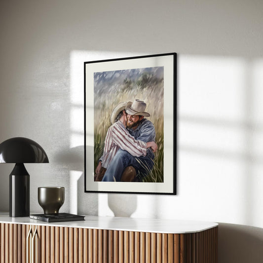 Gay Cowboy Watercolour Print – Blushin’ in the Bushes LGBTQ Wall Art | Romantic Queer Couple Artwork – Unframed Matte Print