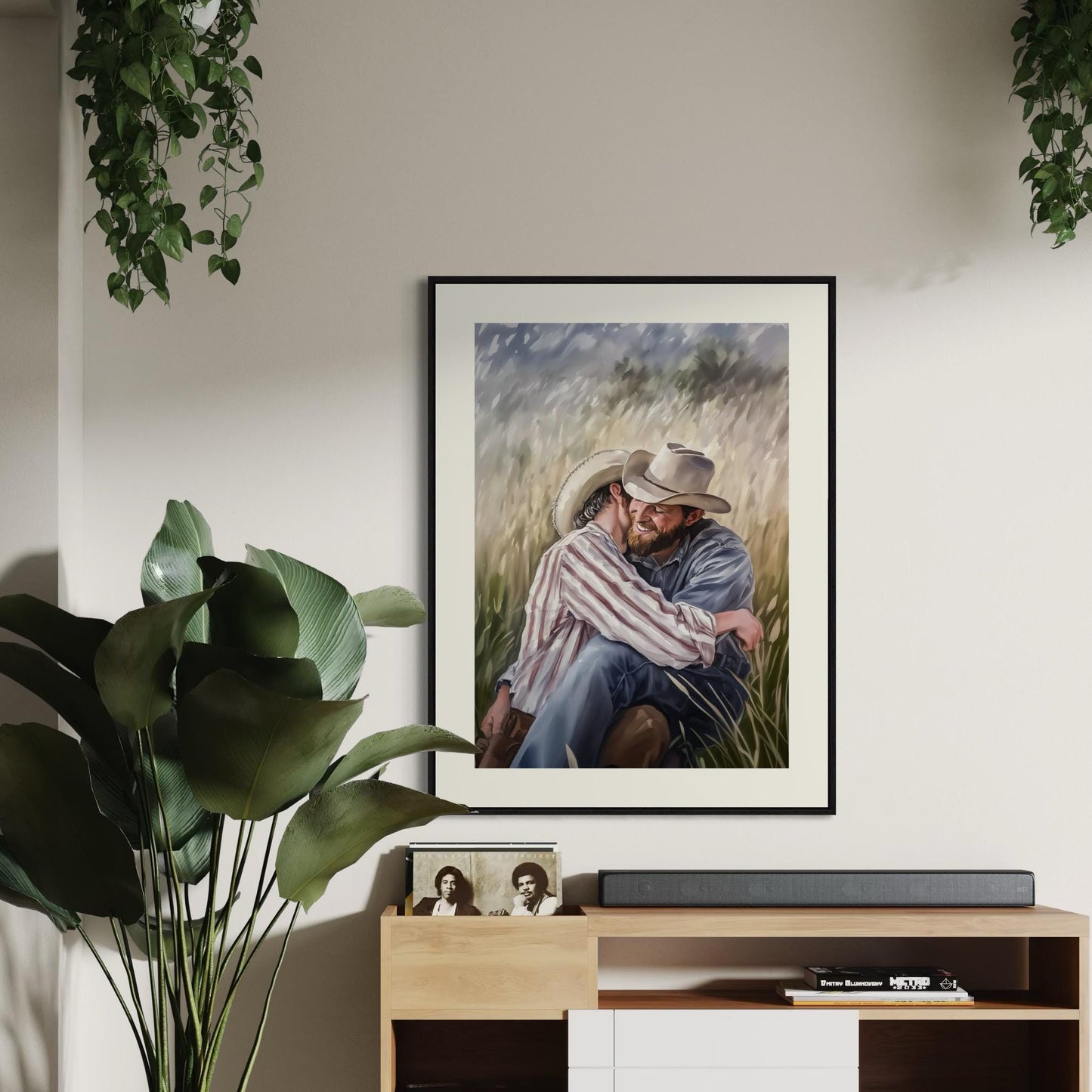 Gay Cowboy Watercolour Print – Blushin’ in the Bushes LGBTQ Wall Art | Romantic Queer Couple Artwork – Unframed Matte Print