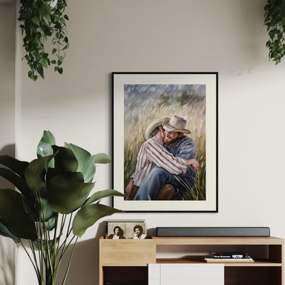 Gay Cowboy Watercolour Print – Blushin’ in the Bushes LGBTQ Wall Art | Romantic Queer Couple Artwork – Unframed Matte Print