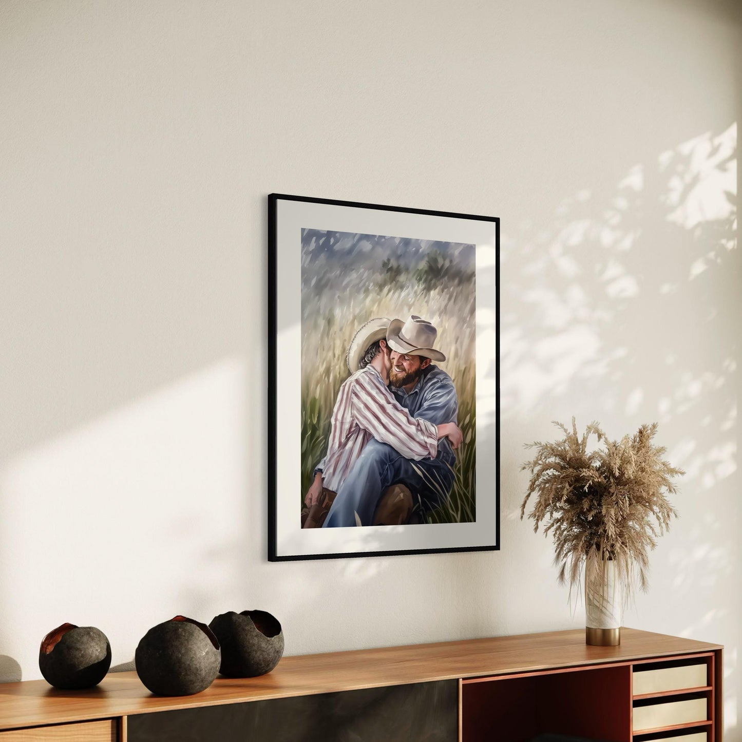Gay Cowboy Watercolour Print – Blushin’ in the Bushes LGBTQ Wall Art | Romantic Queer Couple Artwork – Unframed Matte Print