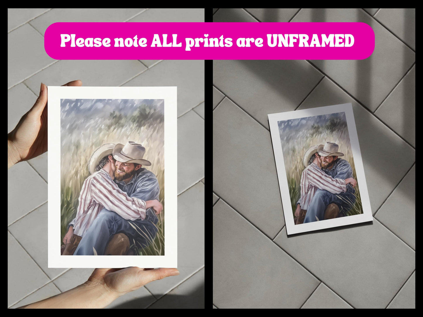 Gay Cowboy Watercolour Print – Blushin’ in the Bushes LGBTQ Wall Art | Romantic Queer Couple Artwork – Unframed Matte Print