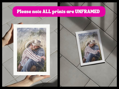 Gay Cowboy Watercolour Print – Blushin’ in the Bushes LGBTQ Wall Art | Romantic Queer Couple Artwork – Unframed Matte Print