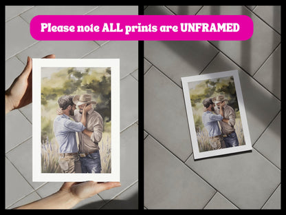 Gay Cowboy Watercolour Print – Kissed by Kindness LGBTQ Wall Art | Queer Romance Art Print – Unframed Matte Western Artwork
