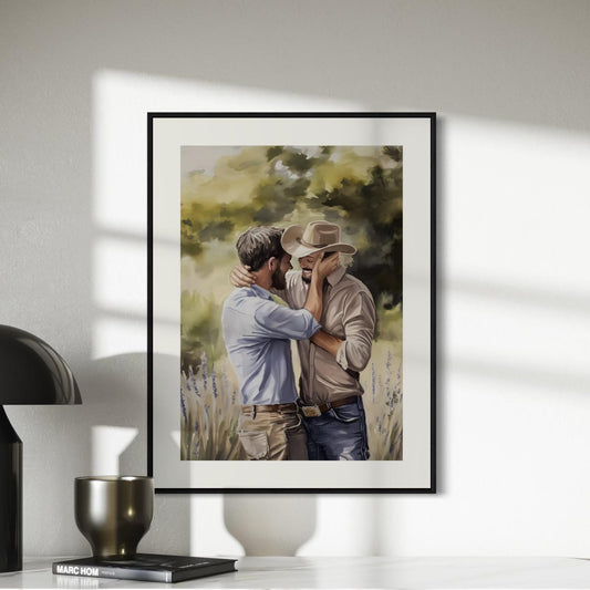 Gay Cowboy Watercolour Print – Kissed by Kindness LGBTQ Wall Art | Queer Romance Art Print – Unframed Matte Western Artwork