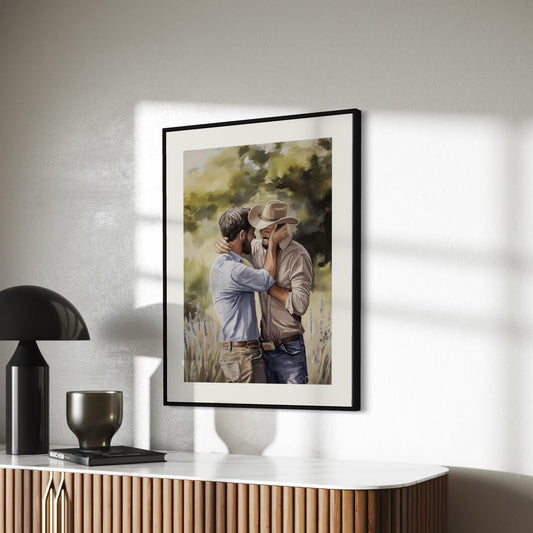 Gay Cowboy Watercolour Print – Kissed by Kindness LGBTQ Wall Art | Queer Romance Art Print – Unframed Matte Western Artwork