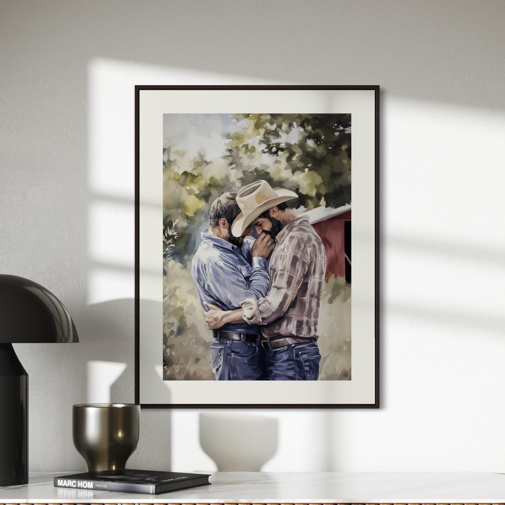 Gay Cowboy Watercolour Print – Rough Hands, Soft Lips LGBTQ Art | Queer Romance Wall Art – Unframed Matte Country Love Print