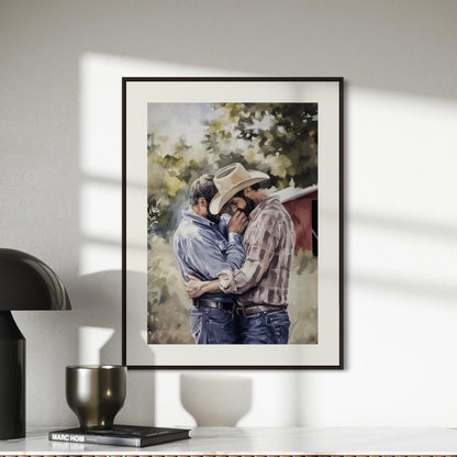 Gay Cowboy Watercolour Print – Rough Hands, Soft Lips LGBTQ Art | Queer Romance Wall Art – Unframed Matte Country Love Print