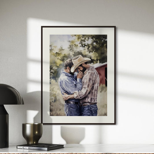 Gay Cowboy Watercolour Print – Rough Hands, Soft Lips LGBTQ Art | Queer Romance Wall Art – Unframed Matte Country Love Print