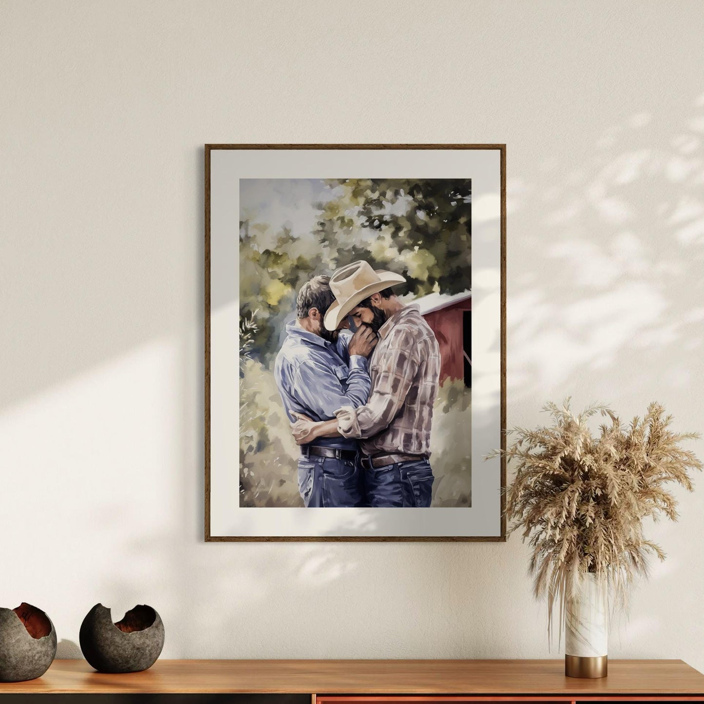 Gay Cowboy Watercolour Print – Rough Hands, Soft Lips LGBTQ Art | Queer Romance Wall Art – Unframed Matte Country Love Print