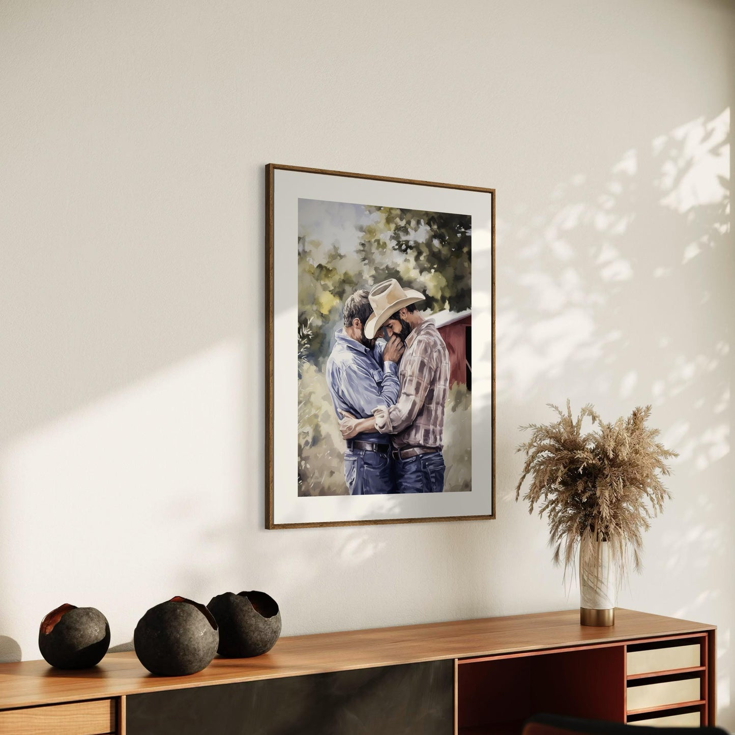 Gay Cowboy Watercolour Print – Rough Hands, Soft Lips LGBTQ Art | Queer Romance Wall Art – Unframed Matte Country Love Print