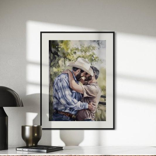 Gay Cowboy Watercolour Print – Call Me Yours, Cowboy LGBTQ Art | Queer Romance Wall Decor – Unframed Matte Country Love Print