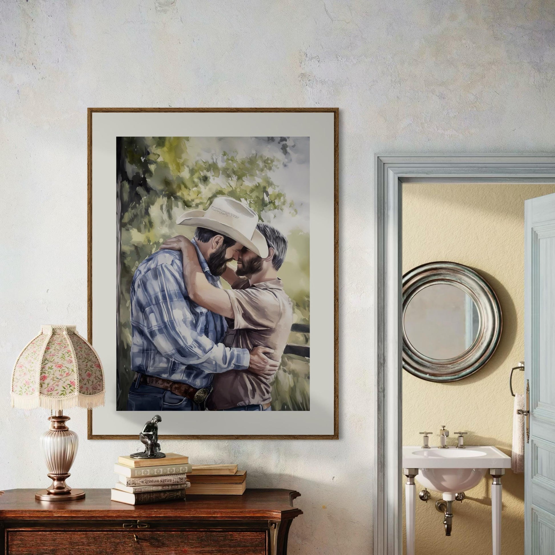 Gay Cowboy Watercolour Print – Call Me Yours, Cowboy LGBTQ Art | Queer Romance Wall Decor – Unframed Matte Country Love Print