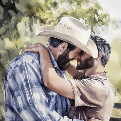 Gay Cowboy Watercolour Print – Call Me Yours, Cowboy LGBTQ Art | Queer Romance Wall Decor – Unframed Matte Country Love Print