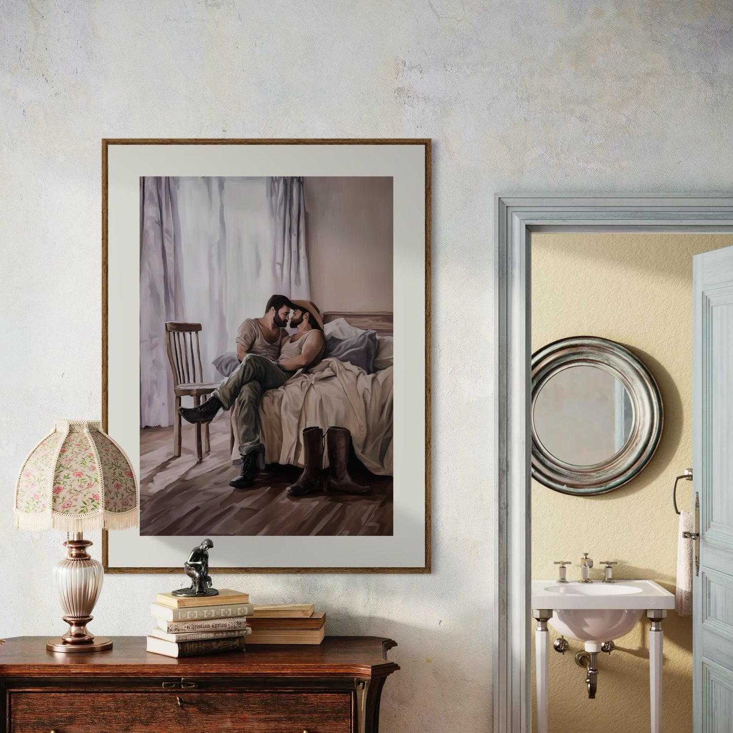 Afternoon Rodeo LGBTQ Wall Art | Gay Cowboy Watercolour Print | Queer Intimate Cowboy Art – Unframed Matte Bedroom Decor