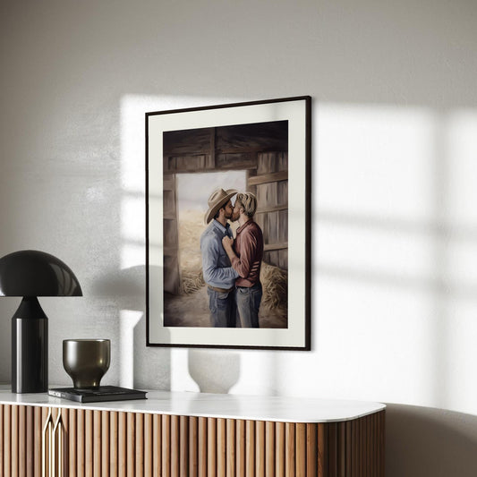 Kisses Behind the Haybale LGBTQ Art | Gay Cowboy Watercolour Print | Queer Country Romance Print – Unframed Matte Western Decor