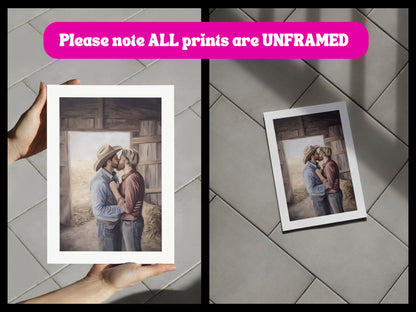Kisses Behind the Haybale LGBTQ Art | Gay Cowboy Watercolour Print | Queer Country Romance Print – Unframed Matte Western Decor
