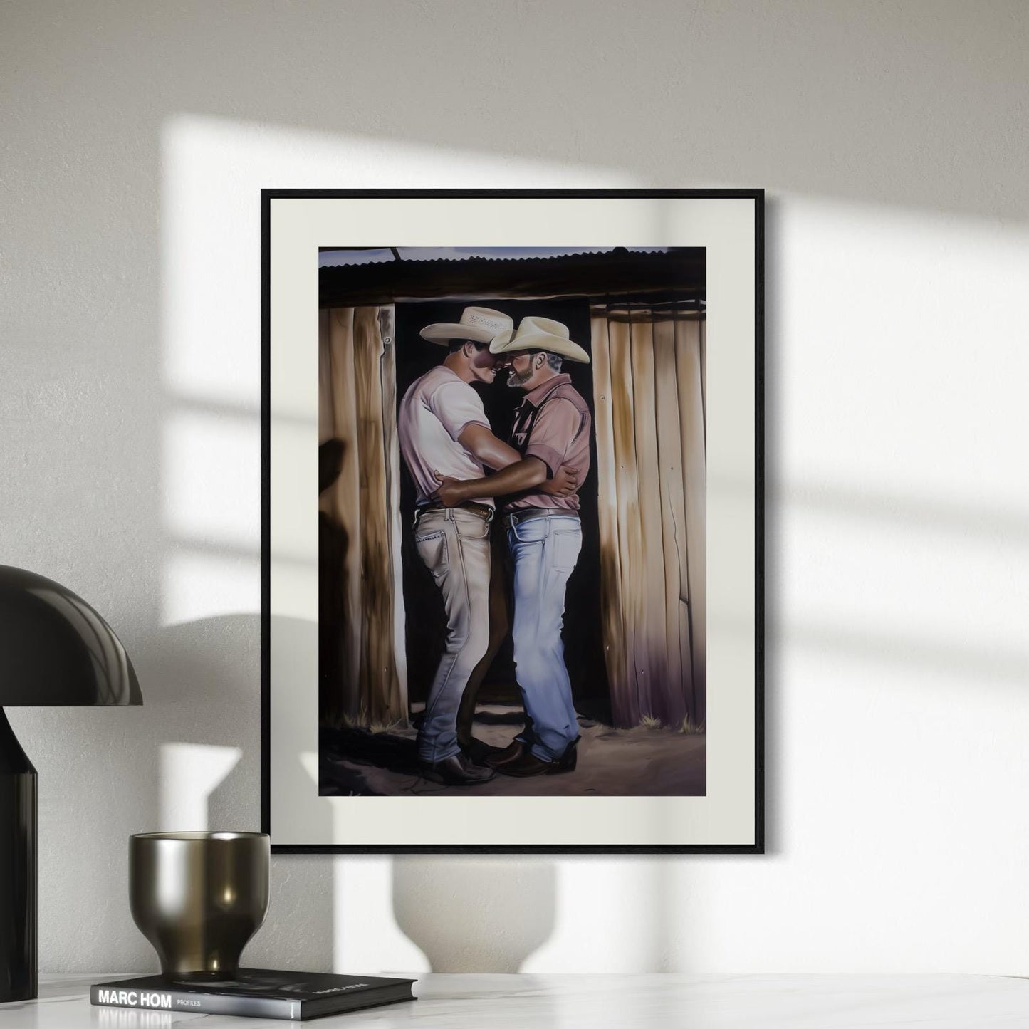 Cowboy Romance Art Print – Gay Western Wall Art, Queer Love, Rustic Barn Kiss, LGBTQ+ Home Decor, Gay Country Aesthetic