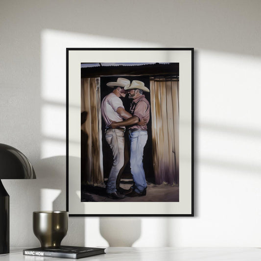 Cowboy Romance Art Print – Gay Western Wall Art, Queer Love, Rustic Barn Kiss, LGBTQ+ Home Decor, Gay Country Aesthetic