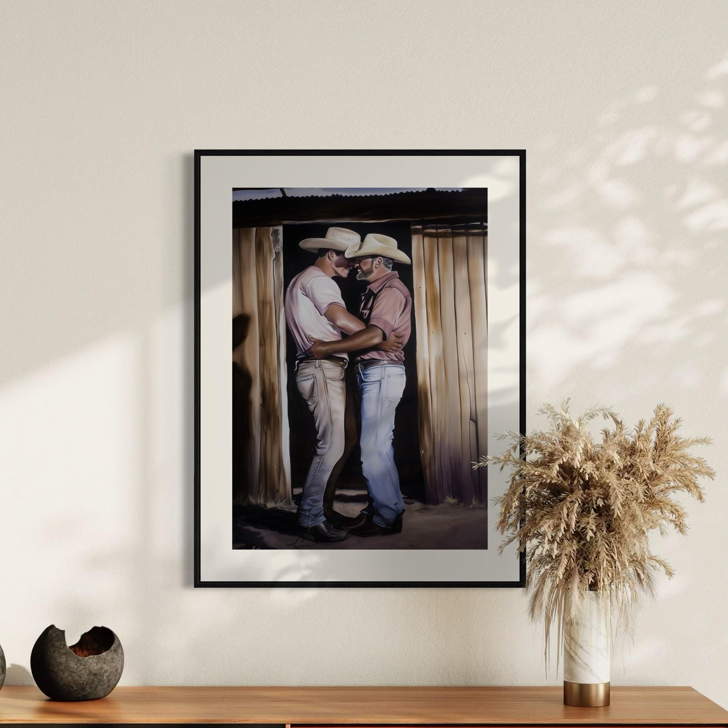 Cowboy Romance Art Print – Gay Western Wall Art, Queer Love, Rustic Barn Kiss, LGBTQ+ Home Decor, Gay Country Aesthetic