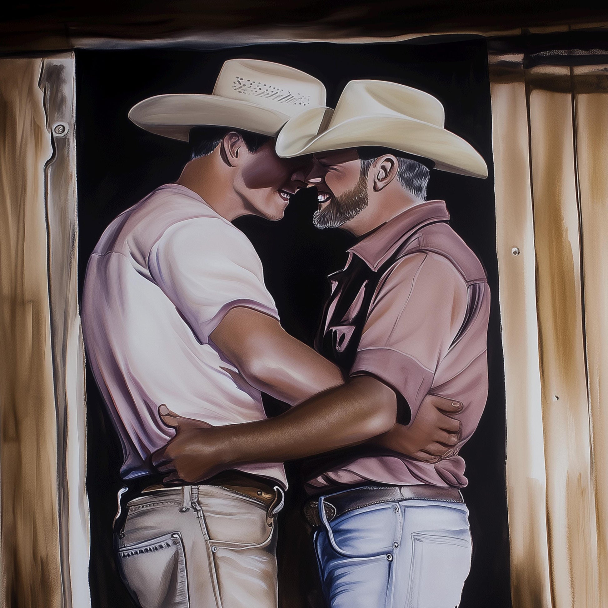 Cowboy Romance Art Print – Gay Western Wall Art, Queer Love, Rustic Barn Kiss, LGBTQ+ Home Decor, Gay Country Aesthetic