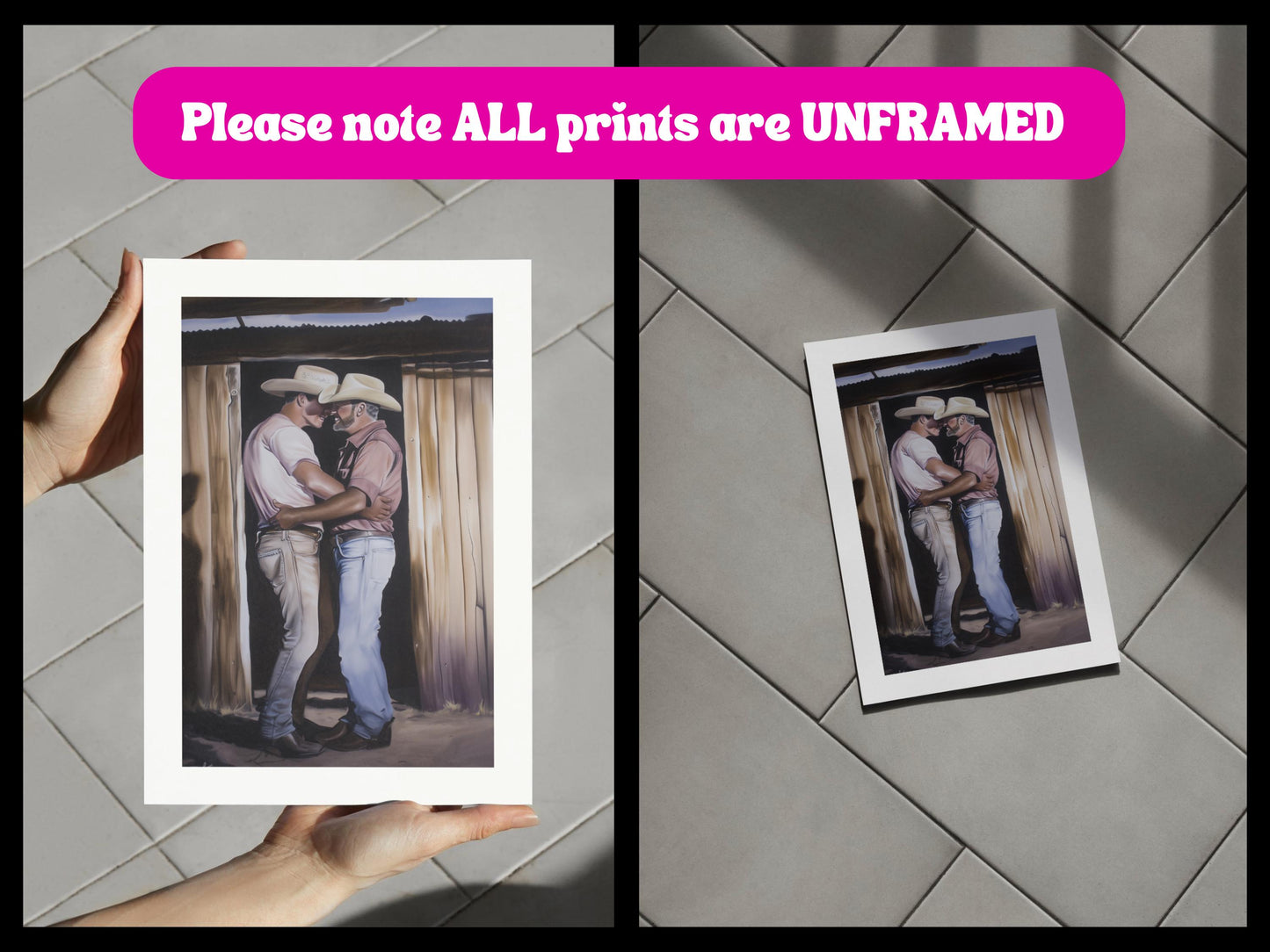 Cowboy Romance Art Print – Gay Western Wall Art, Queer Love, Rustic Barn Kiss, LGBTQ+ Home Decor, Gay Country Aesthetic