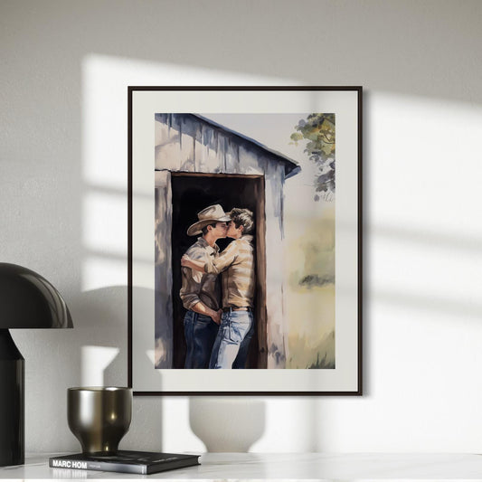 Midwest Fantasy β Queer Cowboy Watercolor Print | Romantic Western Art | Rustic LGBTQ+ Love | Gay Country Aesthetic Wall Art