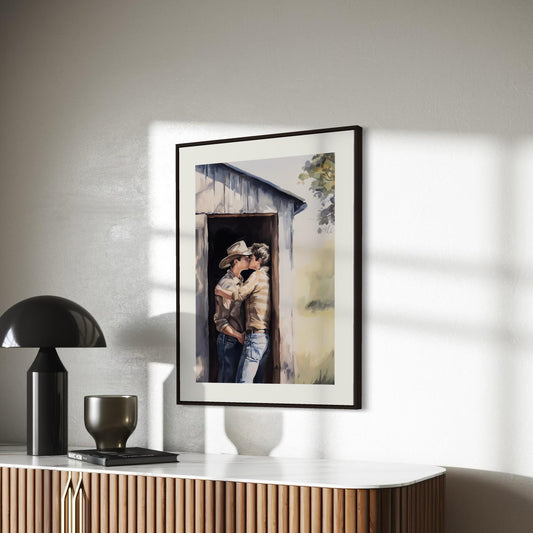 Midwest Fantasy β Queer Cowboy Watercolor Print | Romantic Western Art | Rustic LGBTQ+ Love | Gay Country Aesthetic Wall Art