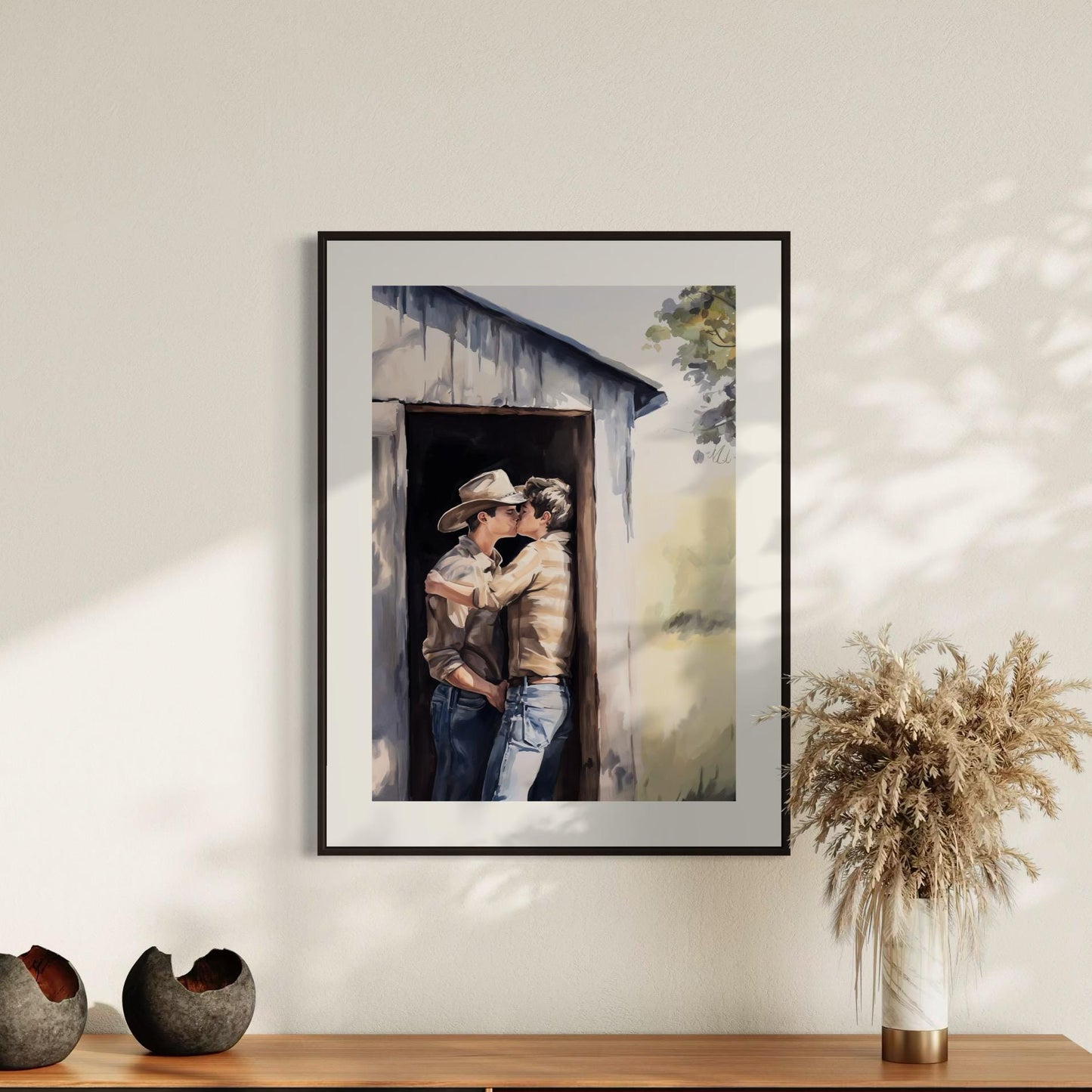 Midwest Fantasy – Queer Cowboy Watercolor Print | Romantic Western Art | Rustic LGBTQ+ Love | Gay Country Aesthetic Wall Art