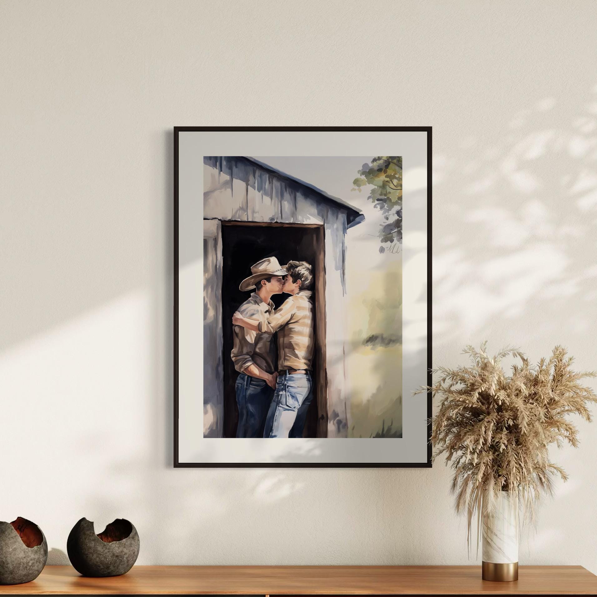 Midwest Fantasy – Queer Cowboy Watercolor Print | Romantic Western Art | Rustic LGBTQ+ Love | Gay Country Aesthetic Wall Art